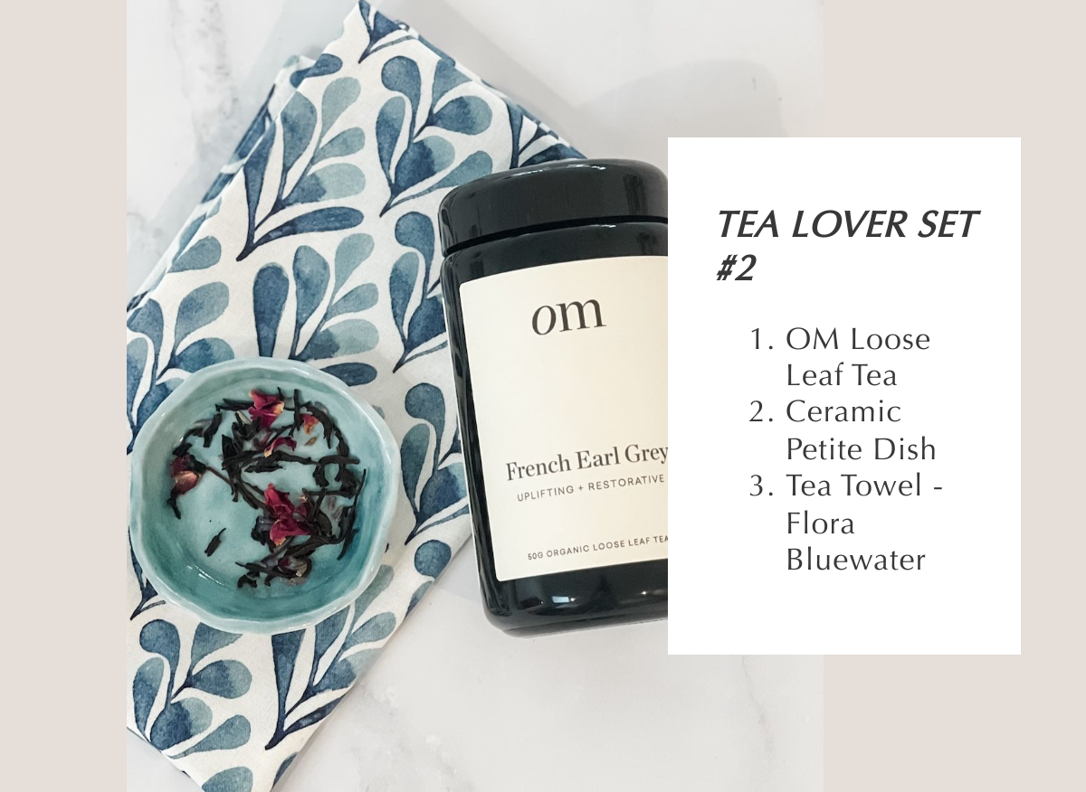 TEA LOVER GIFT SET 2: OM TEA + PETITE DISH + TEA TOWEL (FLORA BLUEWATER PRINT)