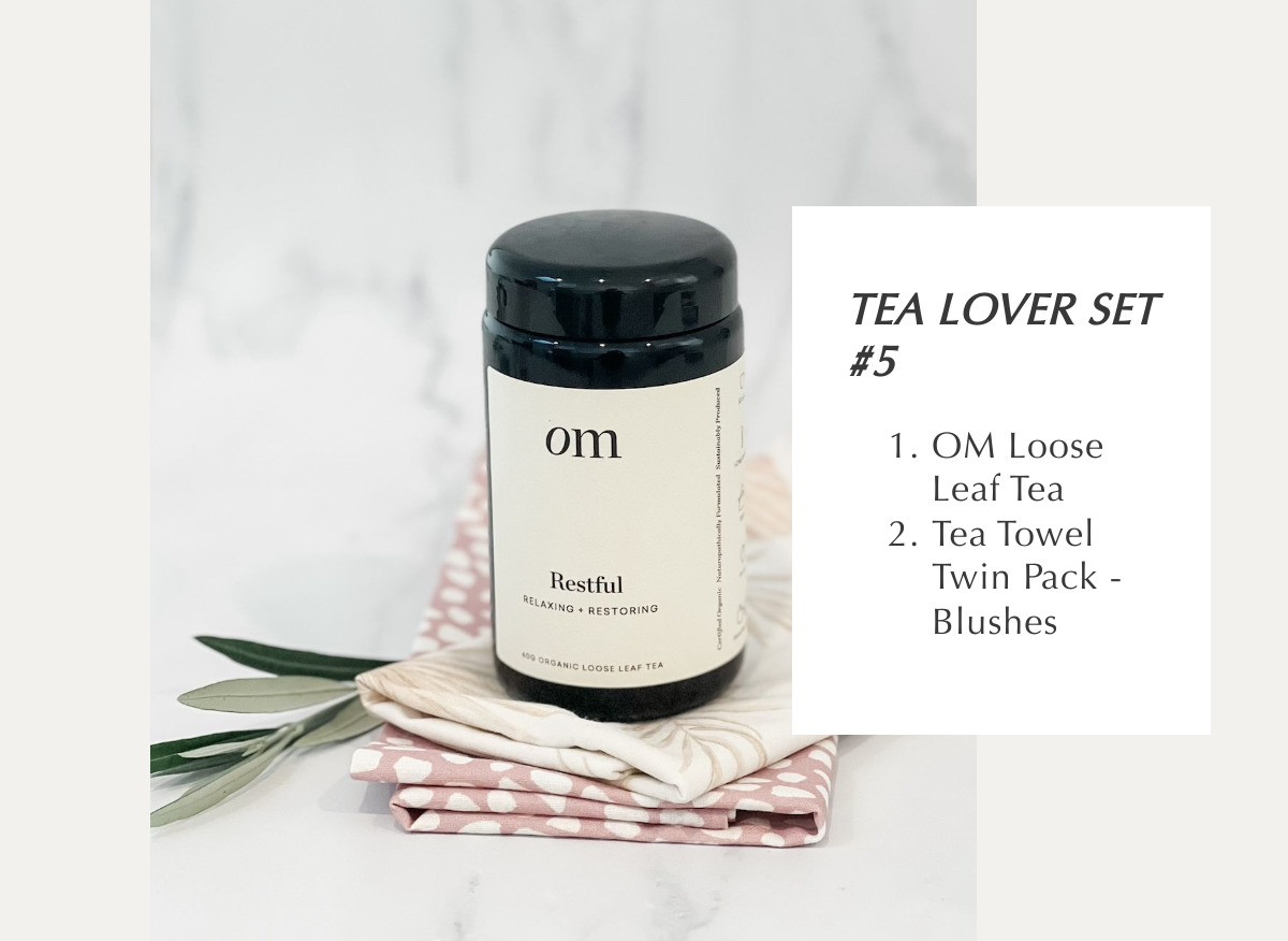 TEA LOVER GIFT SET 5: OM TEA + TEA TOWEL TWIN-PACK (BLUSHES)