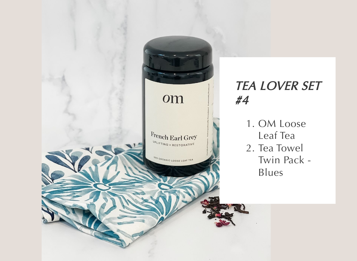 TEA LOVER GIFT SET 4: OM TEA + TEA TOWEL TWIN-PACK (BLUES)