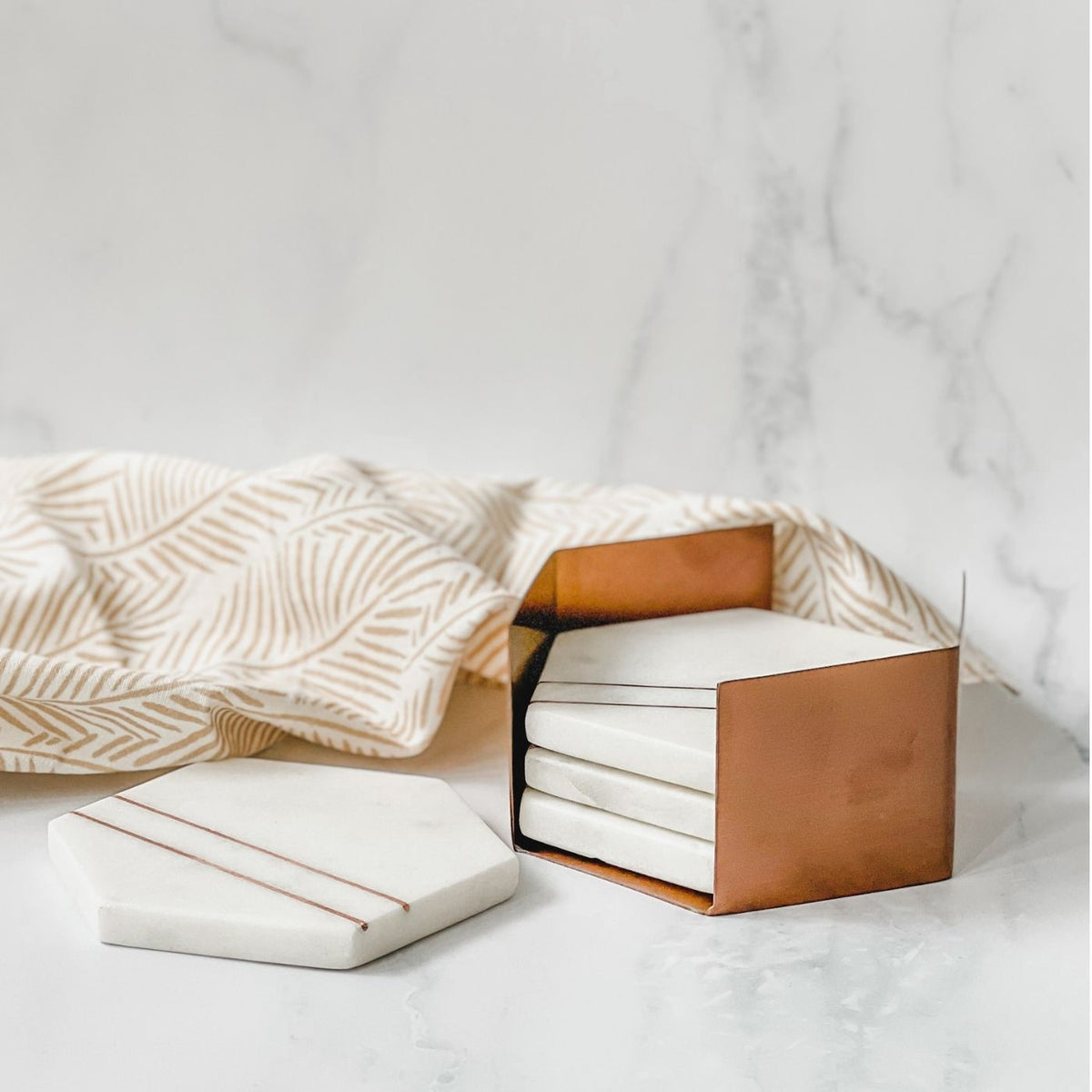 Copper and marble drinks coasters with holder