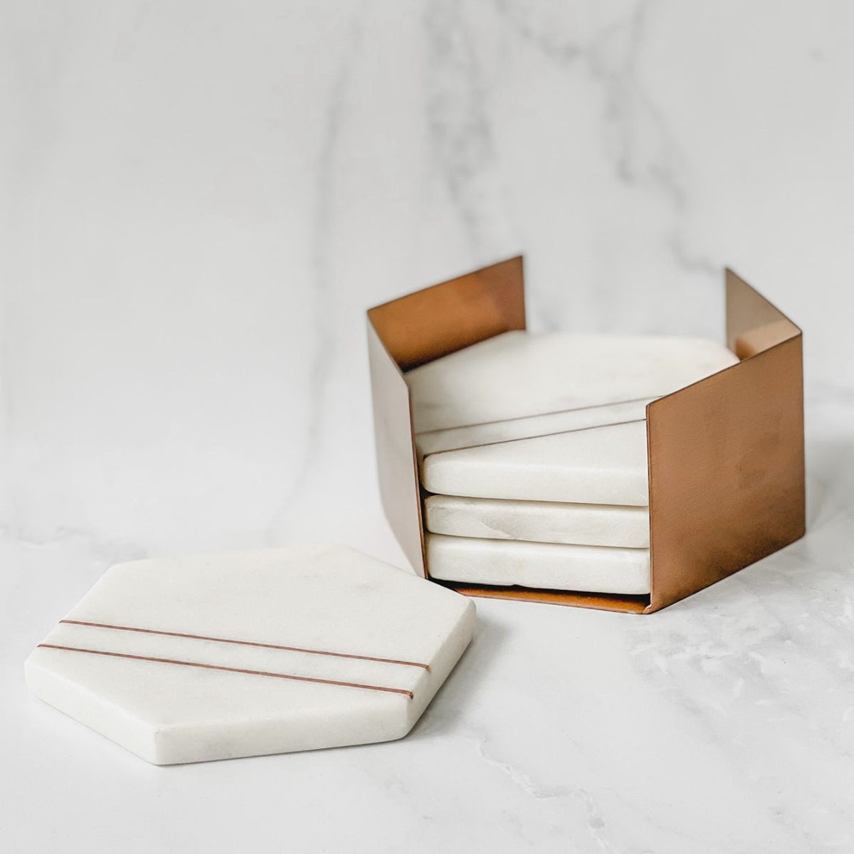 Copper and marble drinks coasters with holder Australia